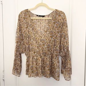 NWOT Zara Boho Floral Peasant Blouse Long Sleeve Flowy Top in Earth Tones